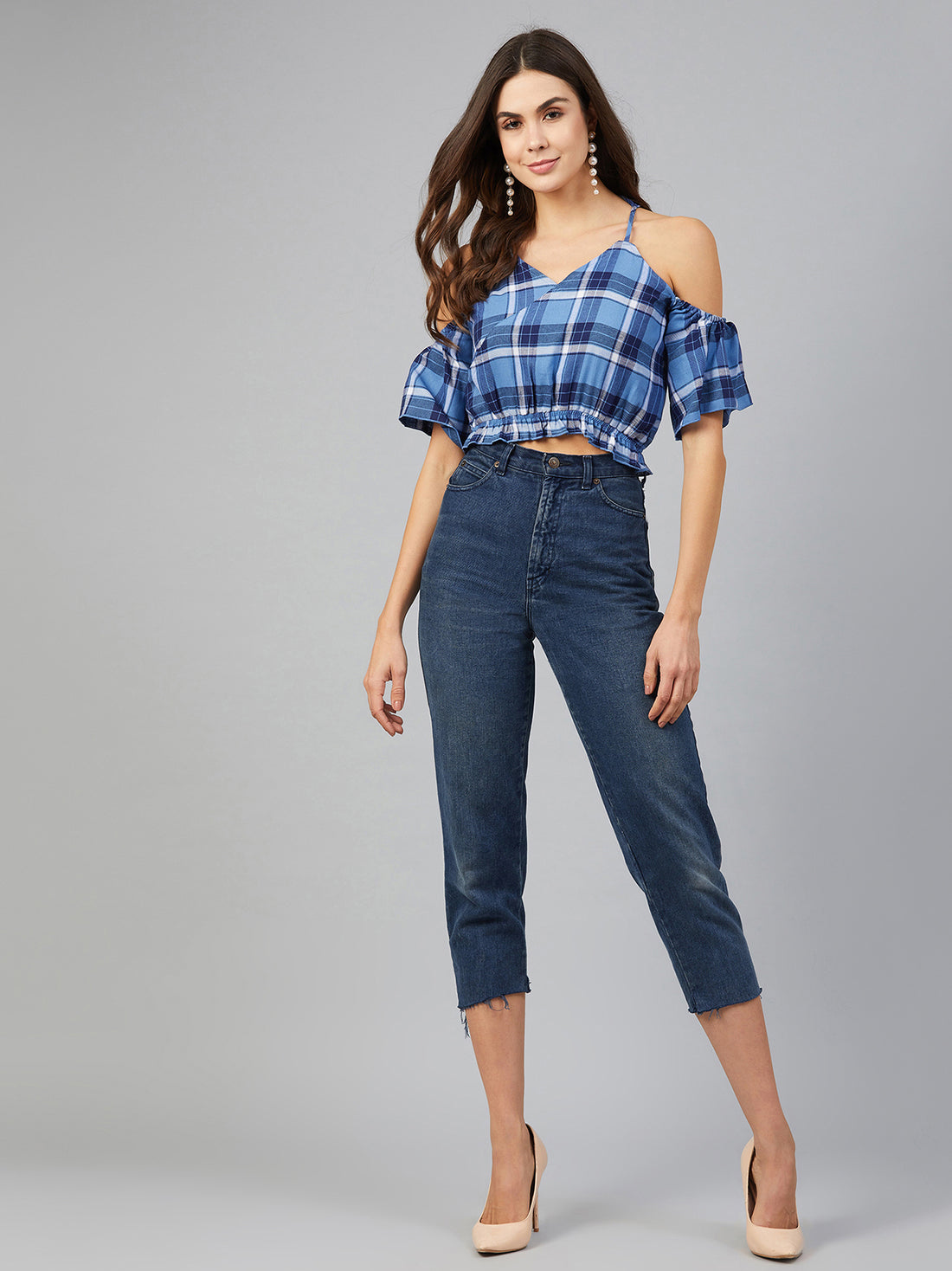 Chimpaaanzee Women Blue Checks Cold Shoulde Crop Top