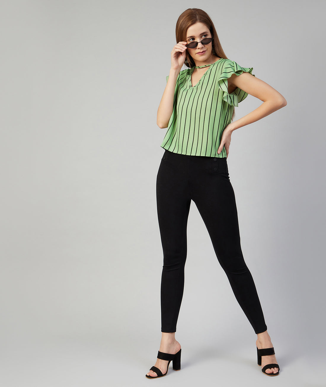 Chimpaaanzee Women Green Striped Crepe Ruffled Top