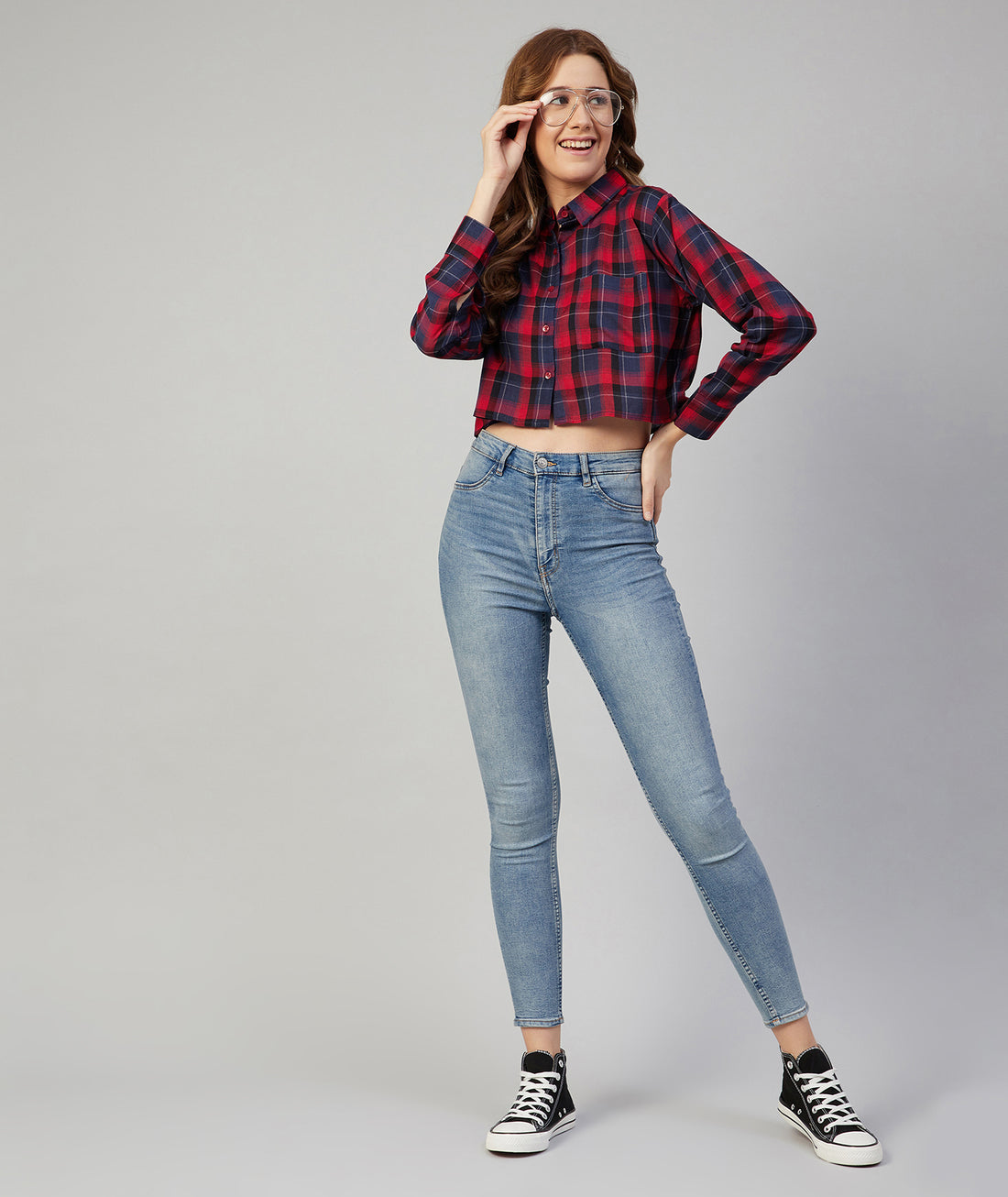 Chimpaaanzee Women Viscose Navy and Red Checkered Full sleeve Crop Shirt