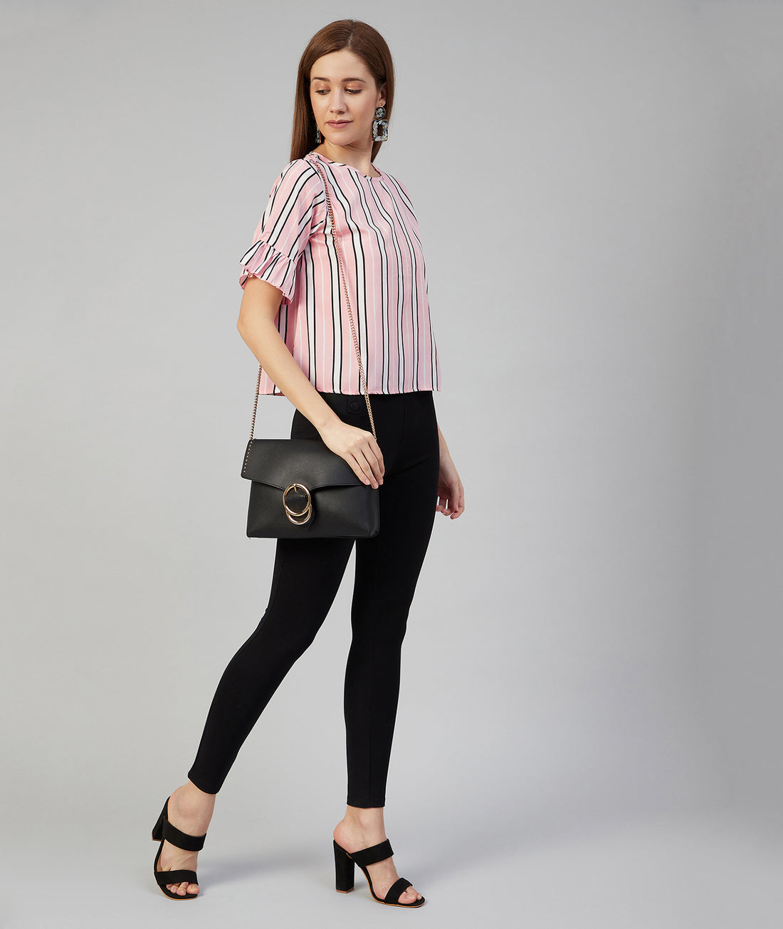 Chimpaaanzee Women Pink Striped Ruffled Sleeve Top