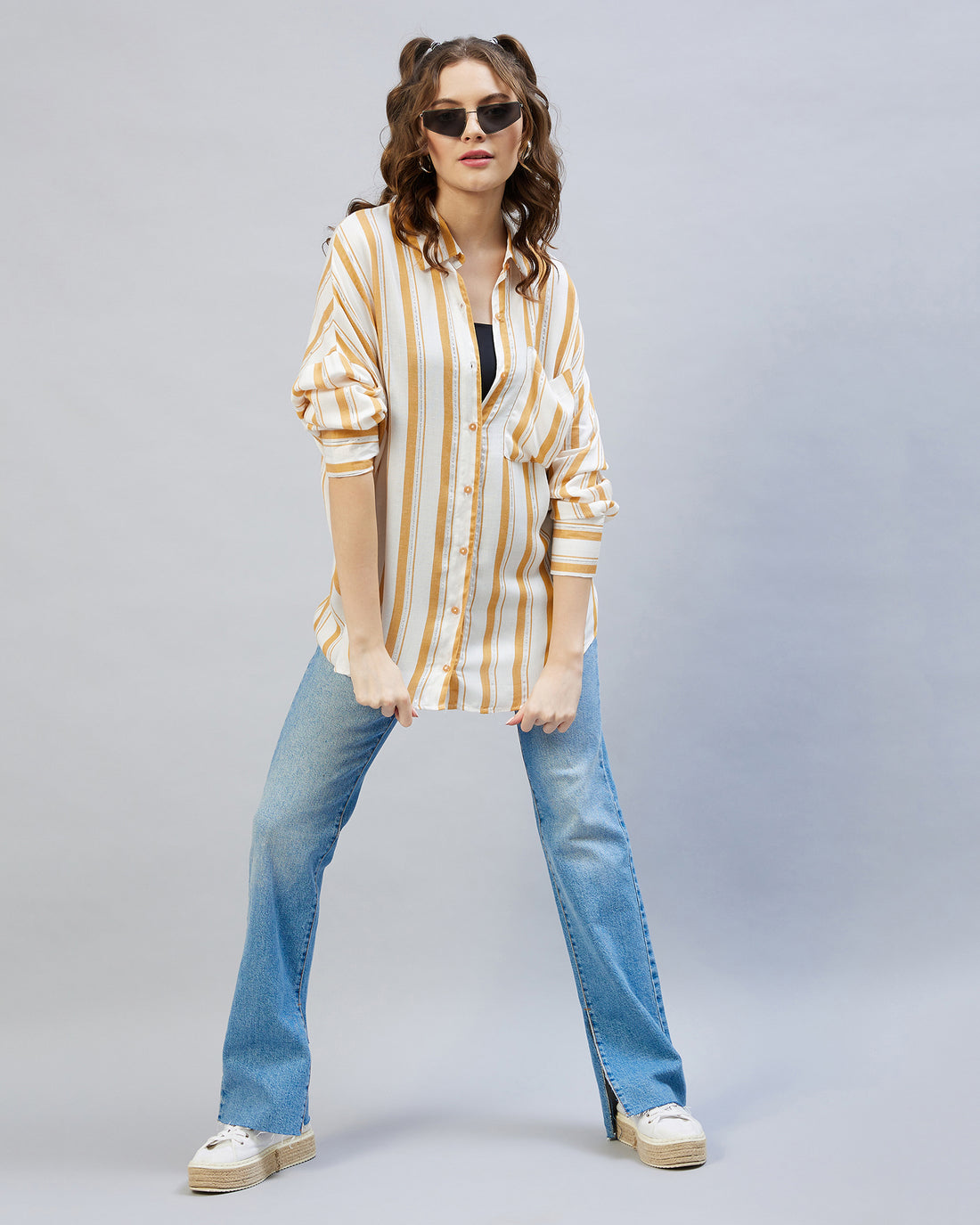 Chimpaaanzee Women Viscose Mustard & White Striped Oversize Fit Shirt