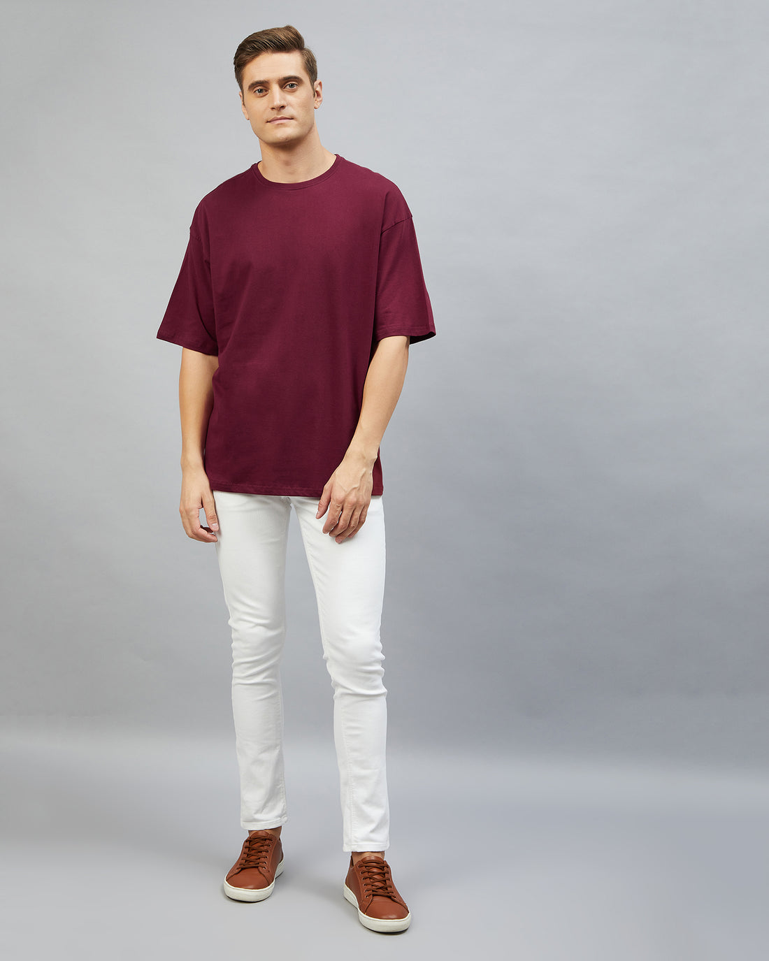 Chimpaaanzee Men Cotton Maroon Solid Oversize Fit T-shirt