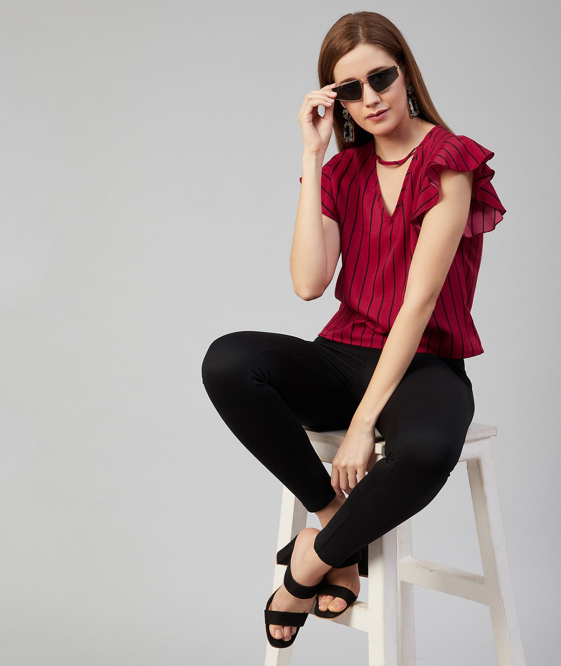 Chimpaaanzee Women Red Striped Crepe Ruffled Top