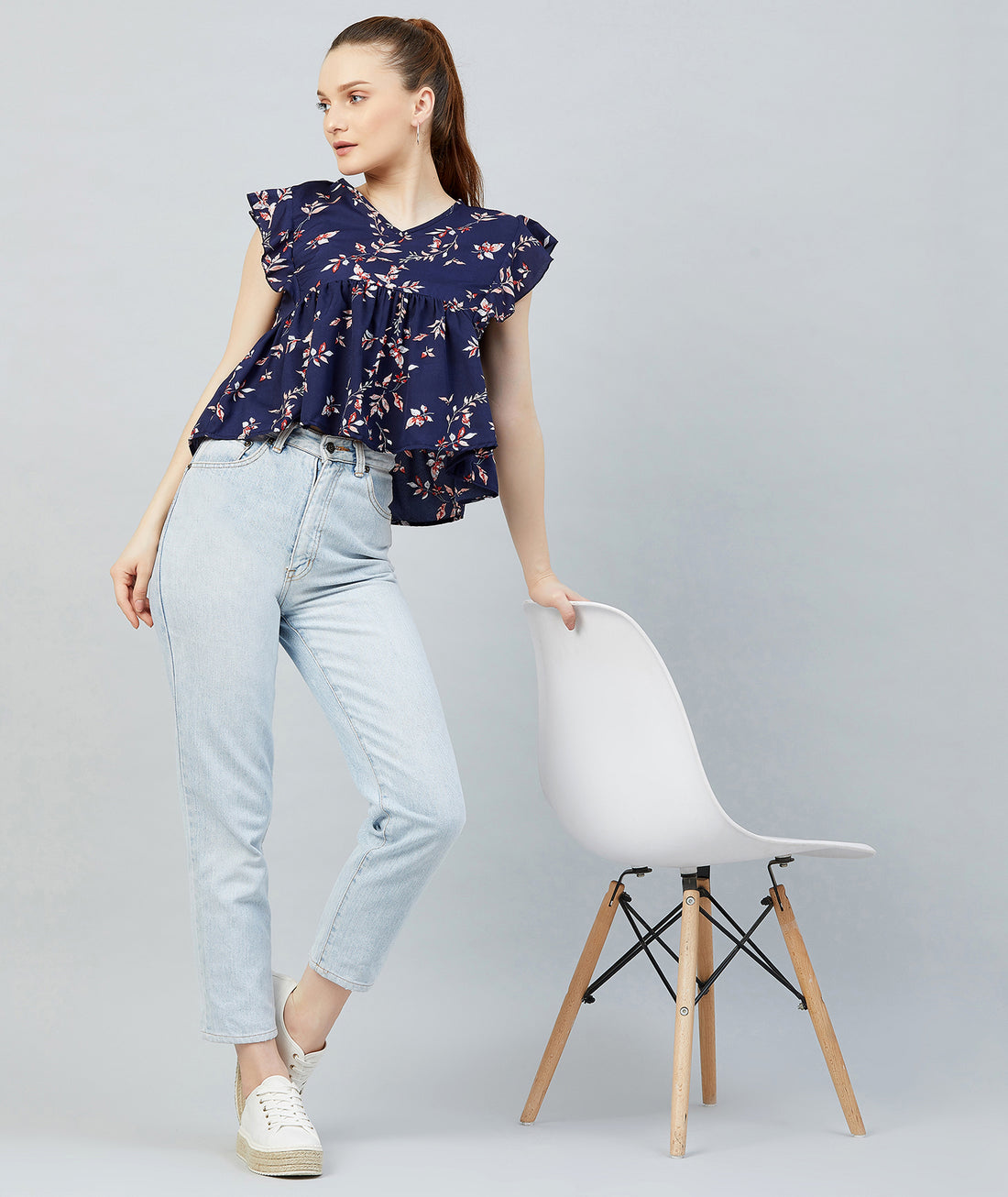 Chimpaaanzee Women Navy Flower Printed Crepe Ruffled Top