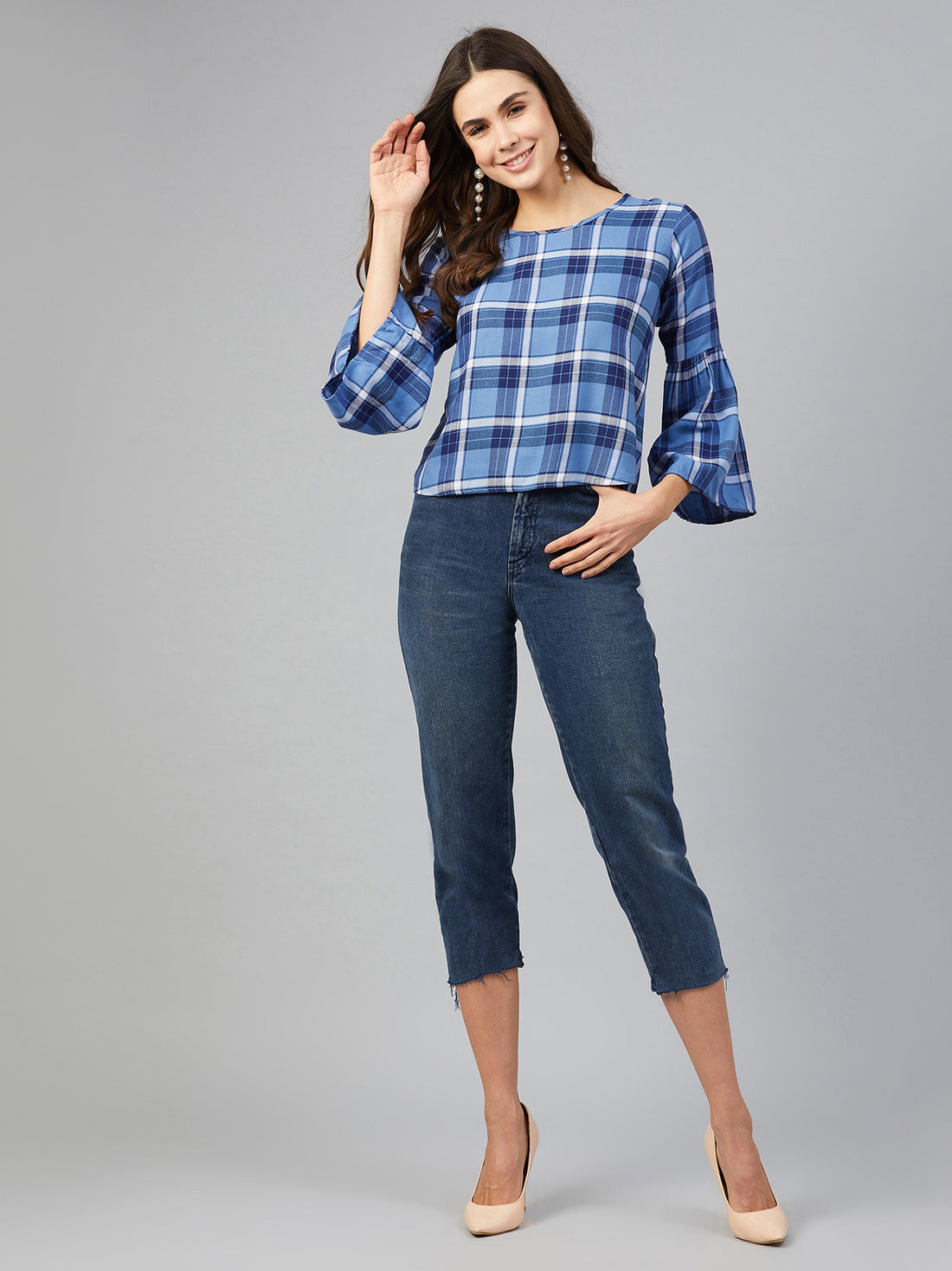 Chimpaaanzee Women Blue Checks Bell Sleeve Top