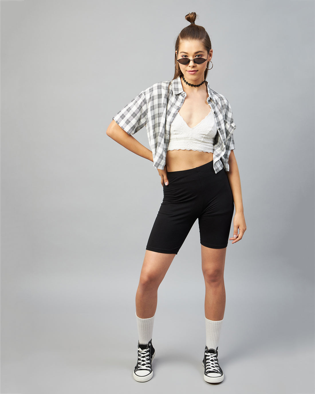 Chimpaaanzee Women Viscose White & Black Checkered Half Sleeve Crop Shirt