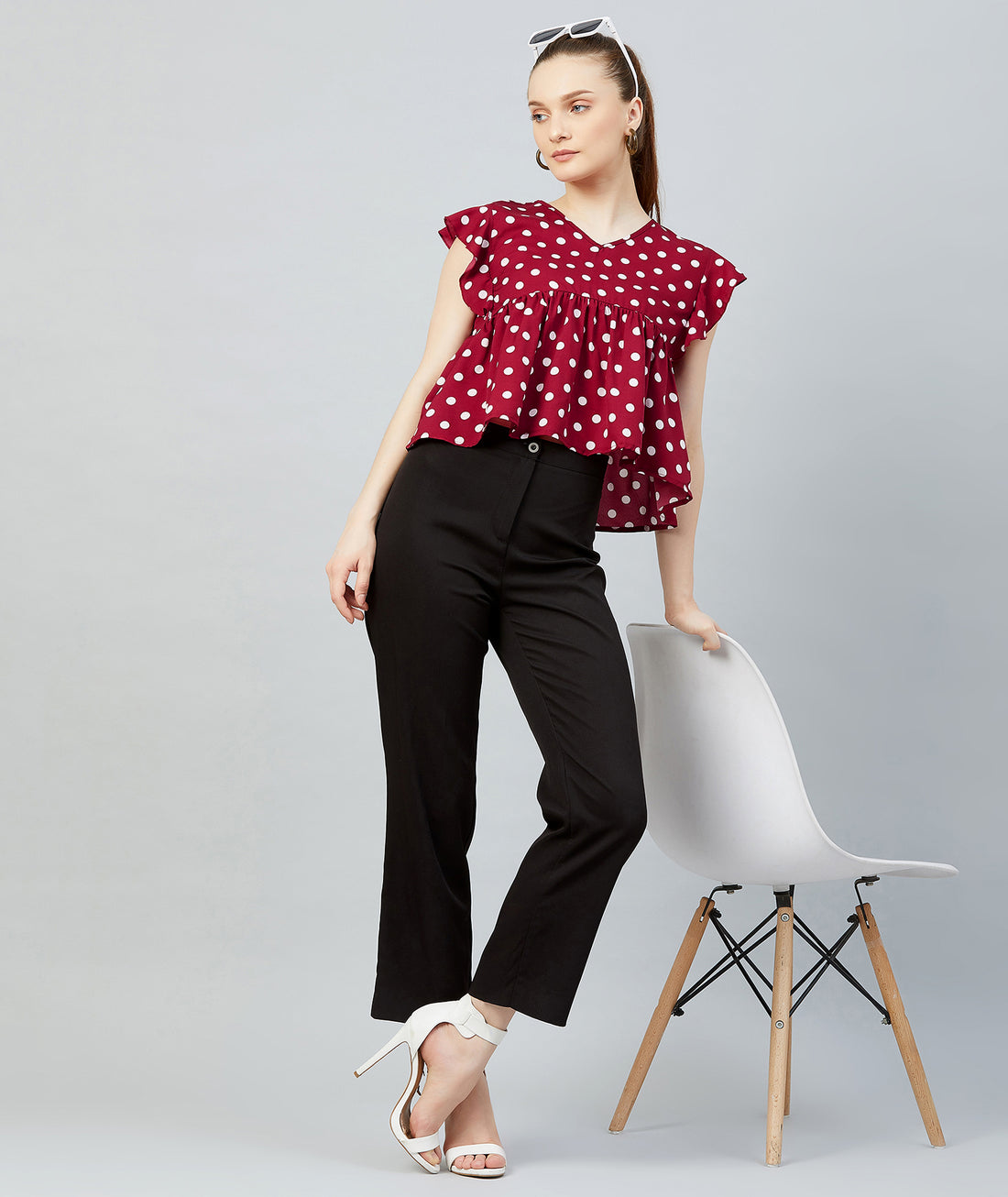 Chimpaaanzee Women Maroon Polka Doted Crepe Ruffled Top