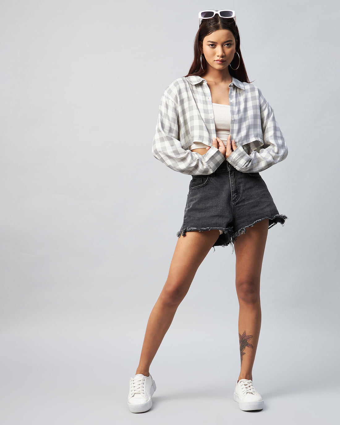 Chimpaaanzee Women Viscose Grey & White Checkered Fully Cropped Shirt