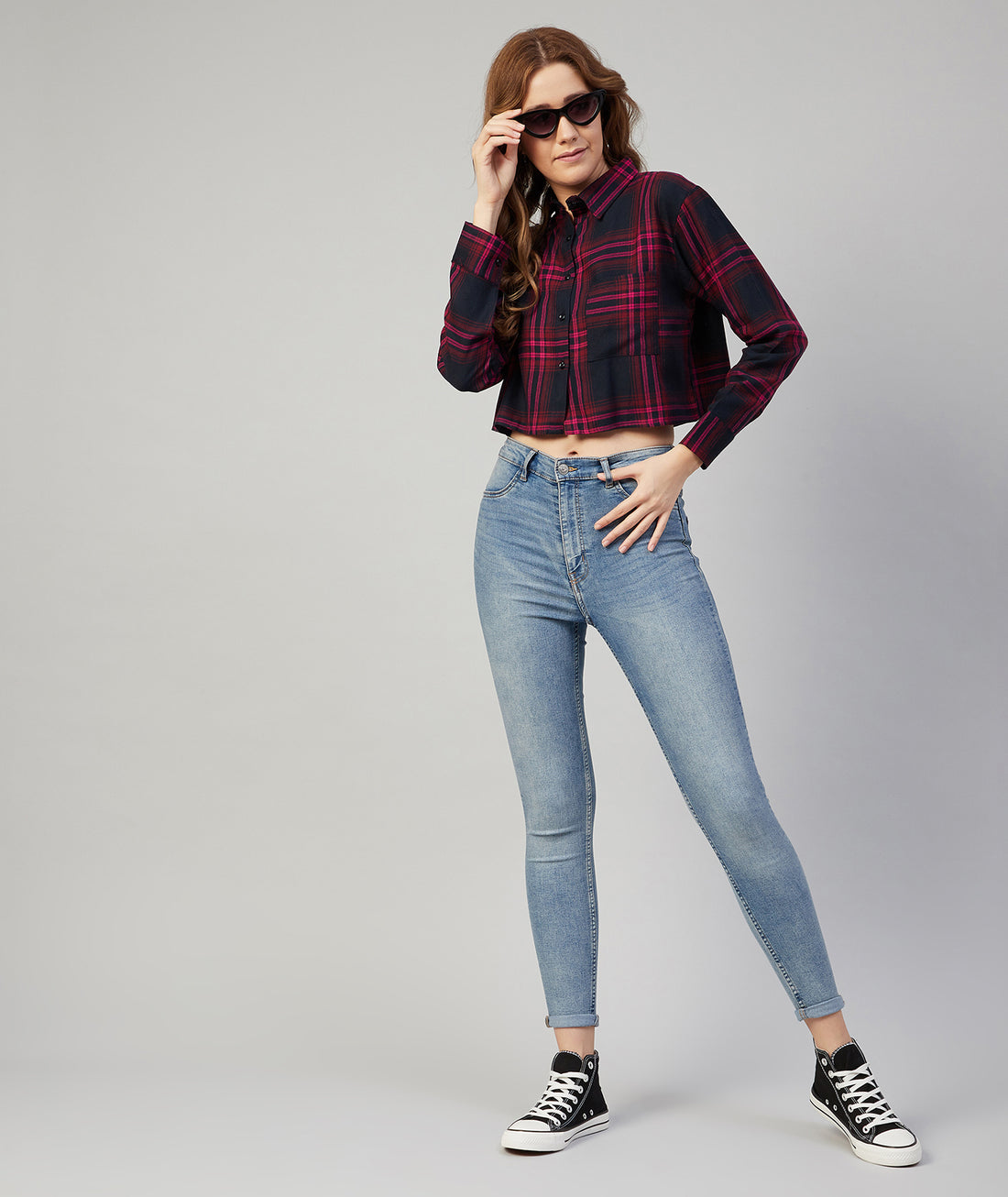 Chimpaaanzee Women Viscose Navy and Pink Checkered Full sleeve Crop Shirt