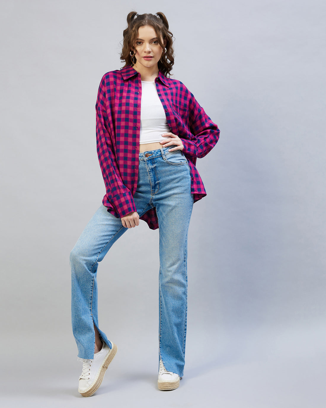 Chimpaaanzee Women Viscose Pink & Blue Checkered Oversize Fit Shirt