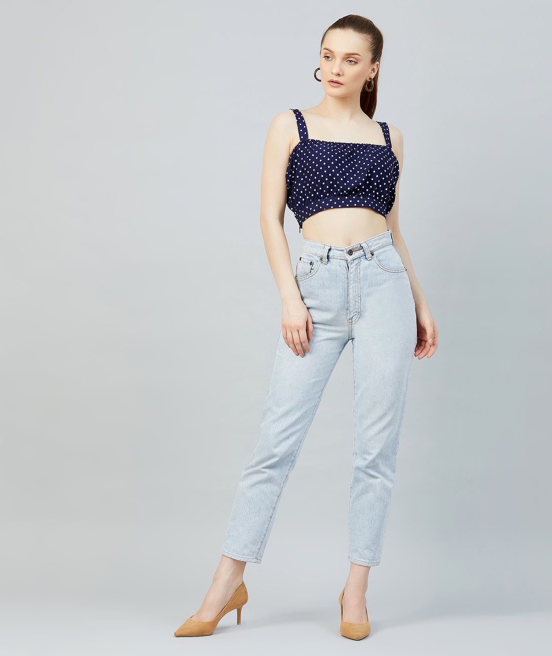 Chimpaaanzee Women Navy Polka Doted Crepe Strapped Crop Top