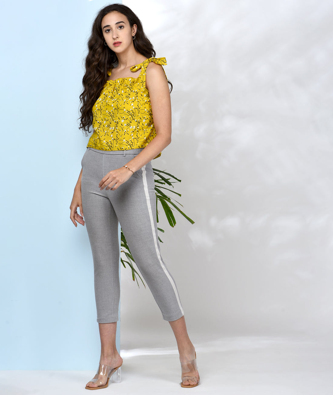 Chimpaaanzee Women Yellow Flower Printed Crepe Ruffled Top