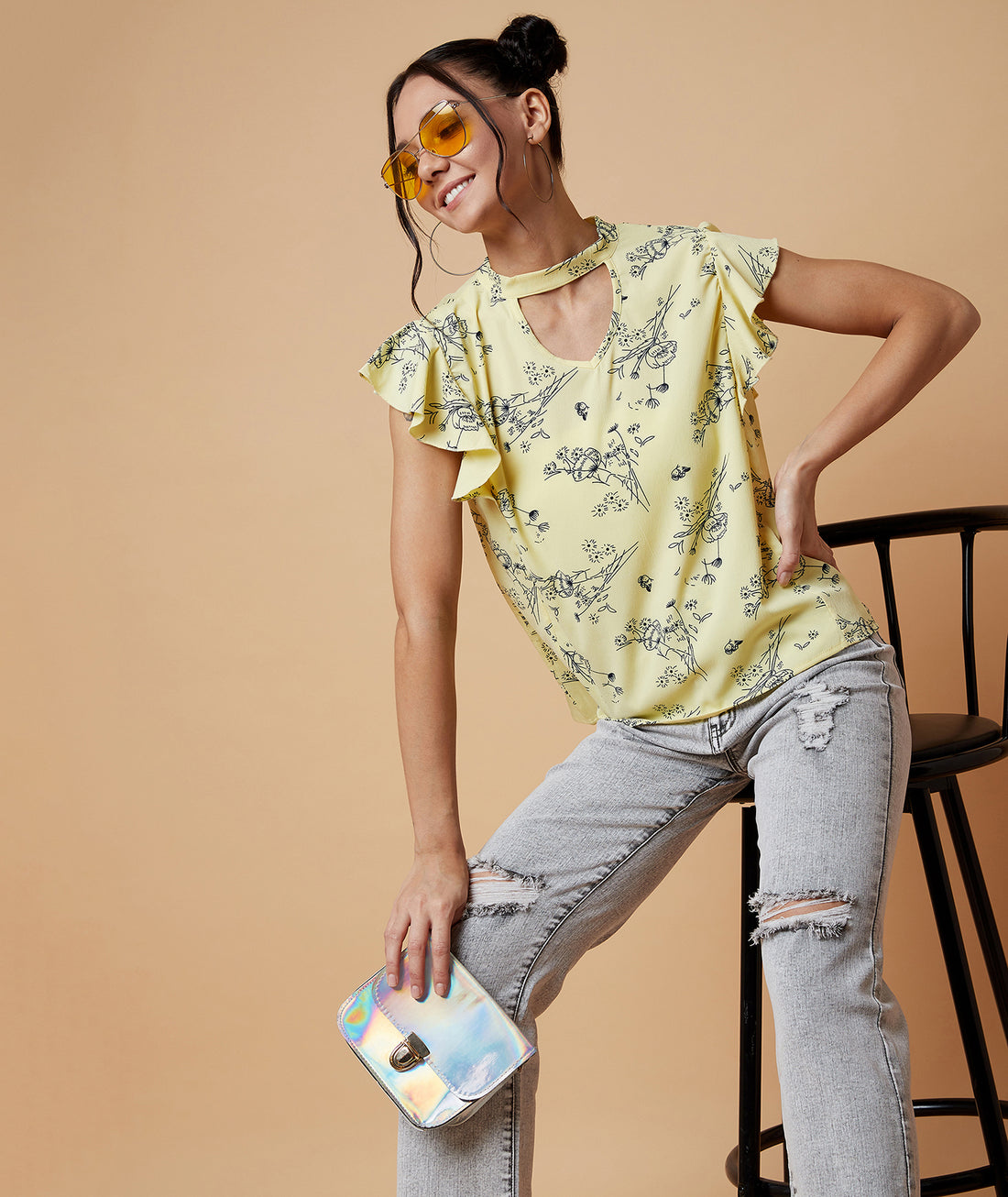 Chimpaaanzee Women Choker Neck Floral Print Top Yellow