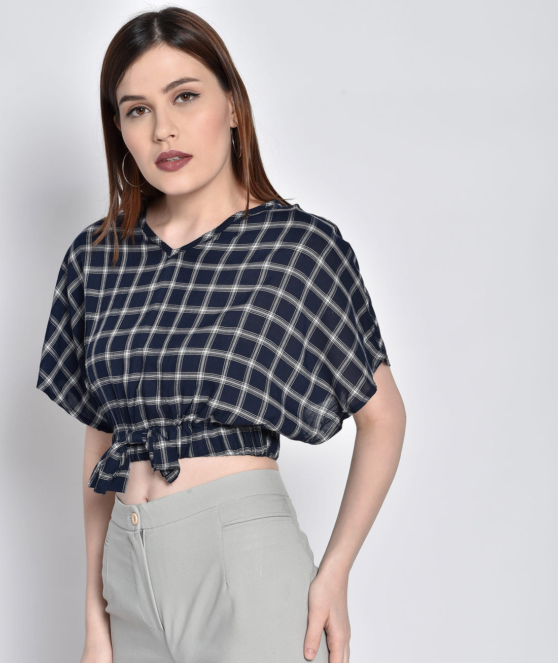 Chimpaaanzee Women Checkered Bat Sleeve Navy Top