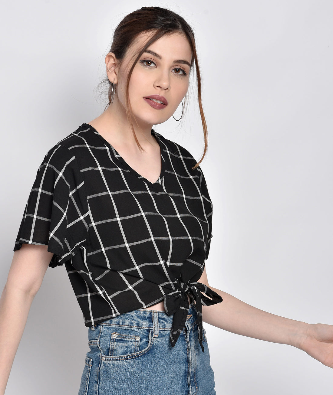 Chimpaaanzee Women Front Knot Checkered Black Top