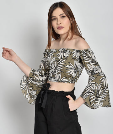 Chimpaaanzee Women  Flower Printed Off Shoulder Green Top