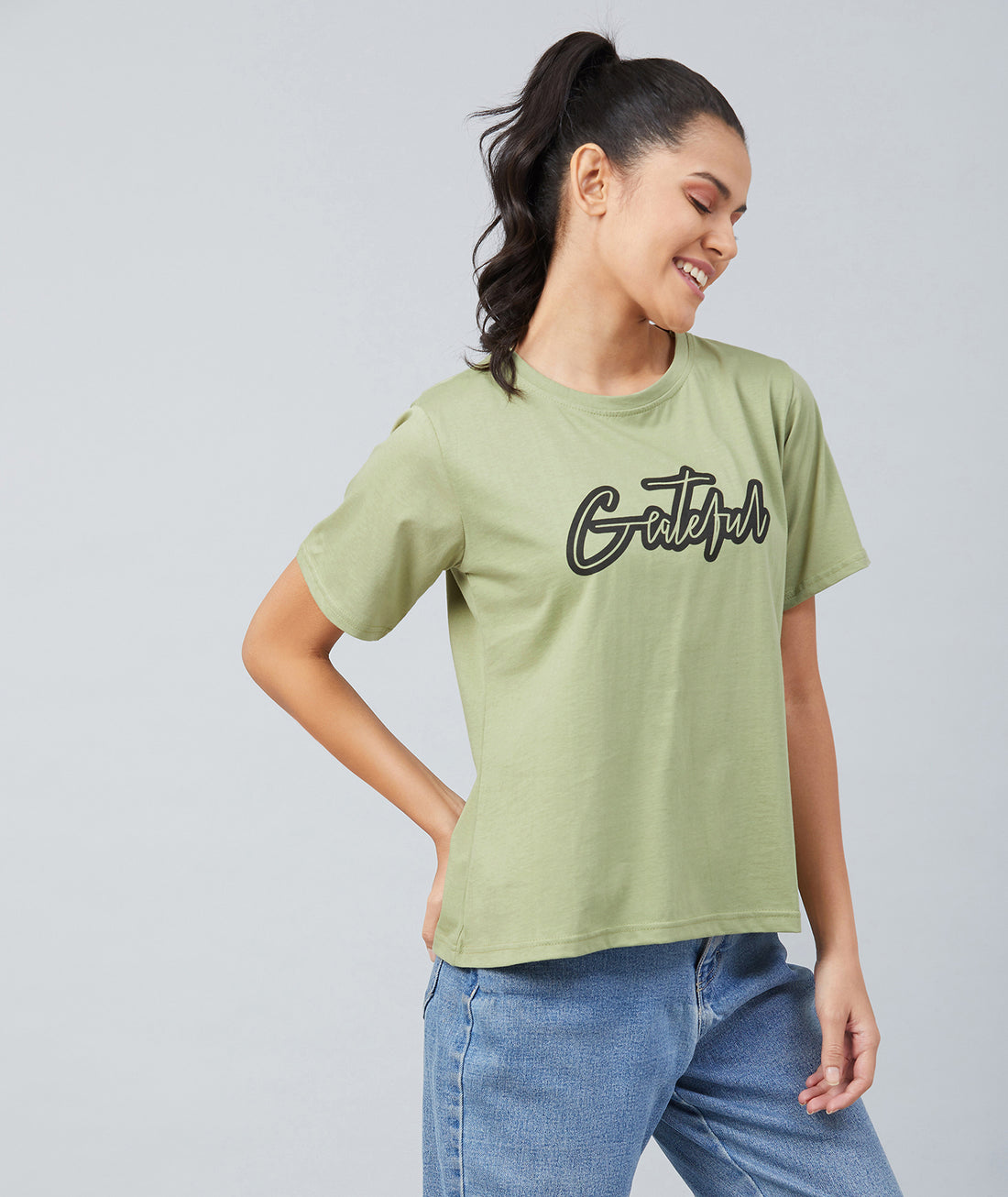 Chimpaaanzee Women Olive Green Loose Fit T-shirt