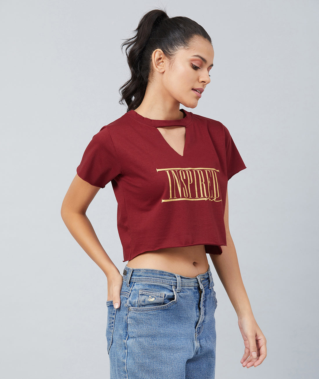 Chimpaaanzee Women Maroon Keyhole Neck Crop T-shirt