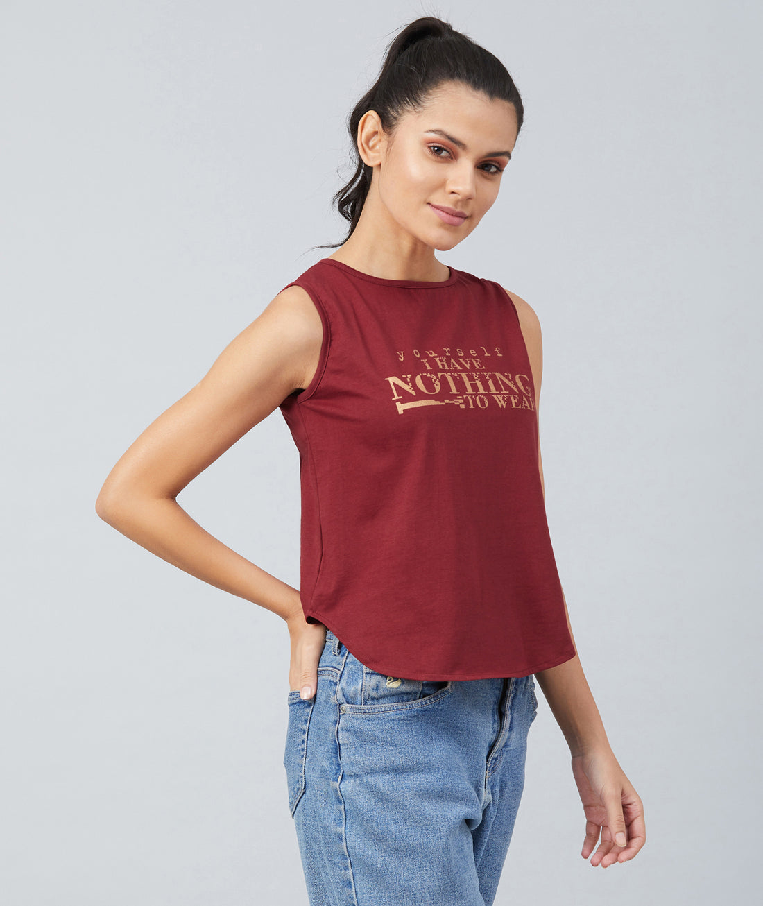 Chimpaaanzee Women Maroon Sleeveless Round Bottom T-shirt