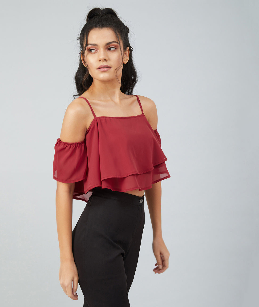 Chimpaaanzee women Maroon Georgette Noodle Strap Cold Shoulder Crop top