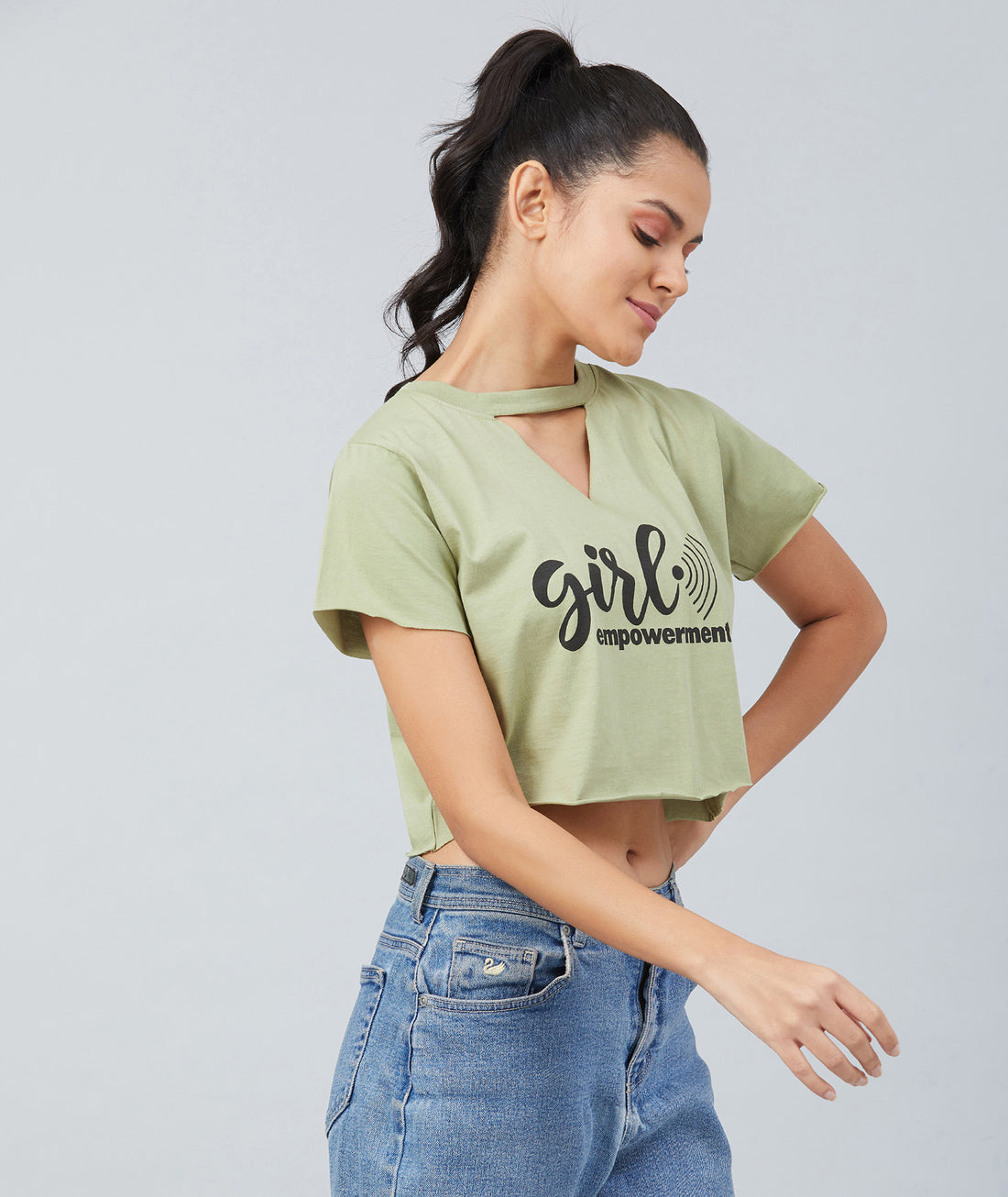 Chimpaaanzee Women Olive green Keyhole Neck Crop T-shirt