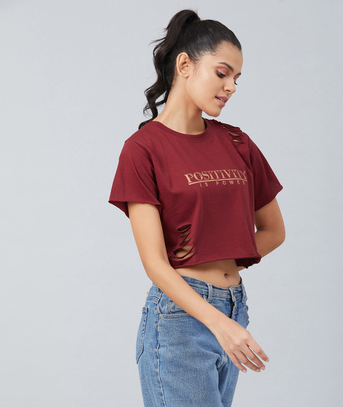 Chimpaaanzee Women Maroon Ribbed Style Crop T-shirt