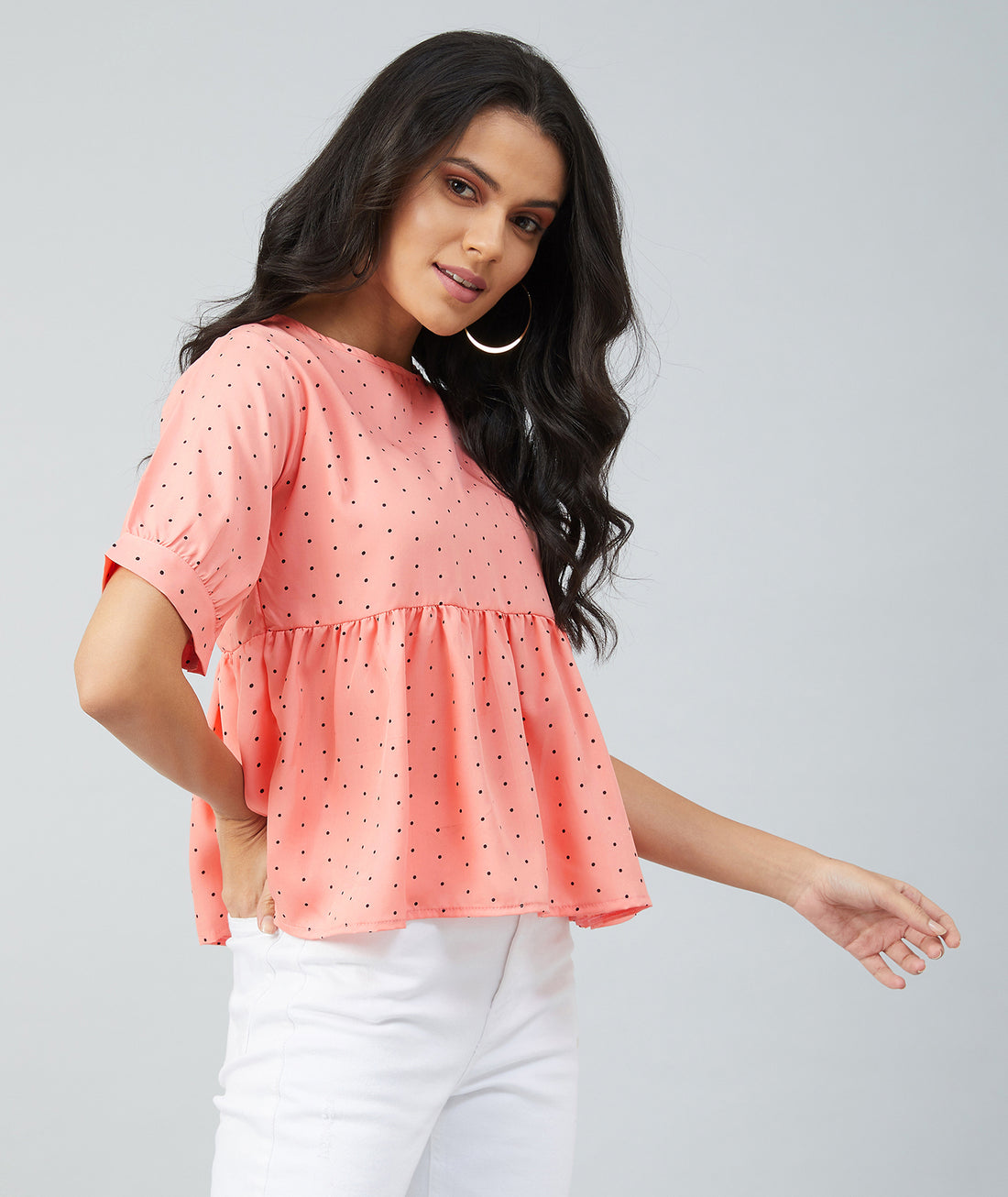 Chimpaaanzee women Peach Crepe Polka Doted Half Sleeve Style Top