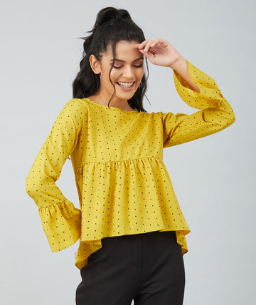 Chimpaaanzee women Mustard Crepe Polka Doted Full Sleeve  Top