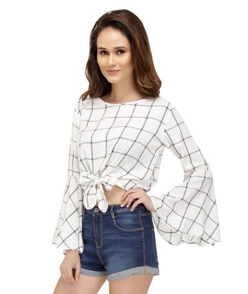 Chimpaaanzee Women Front Knot Bell Sleeve White Top