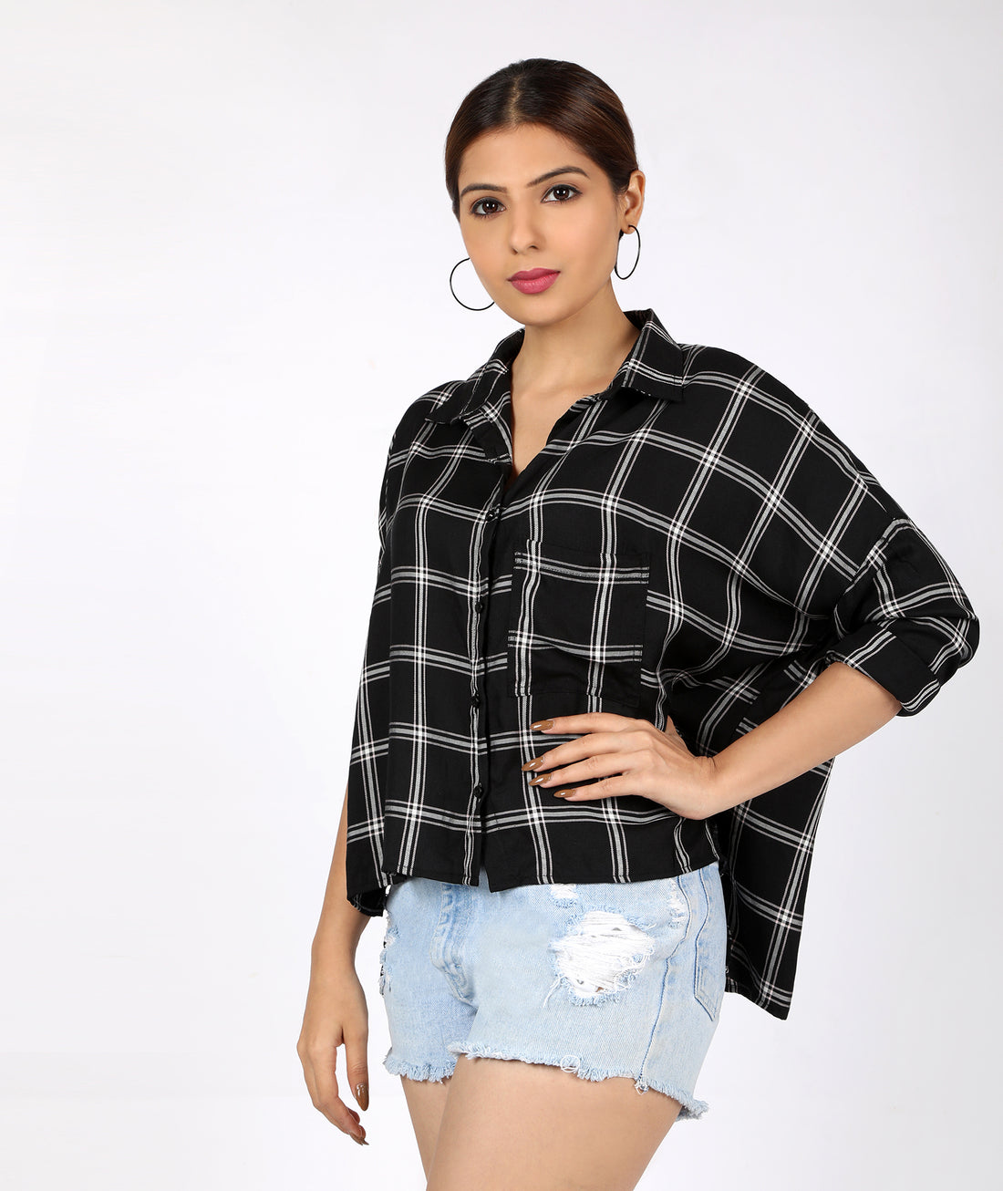 Chimpaaanzee Women Viscose Checkered Loose Fit Black Shirt